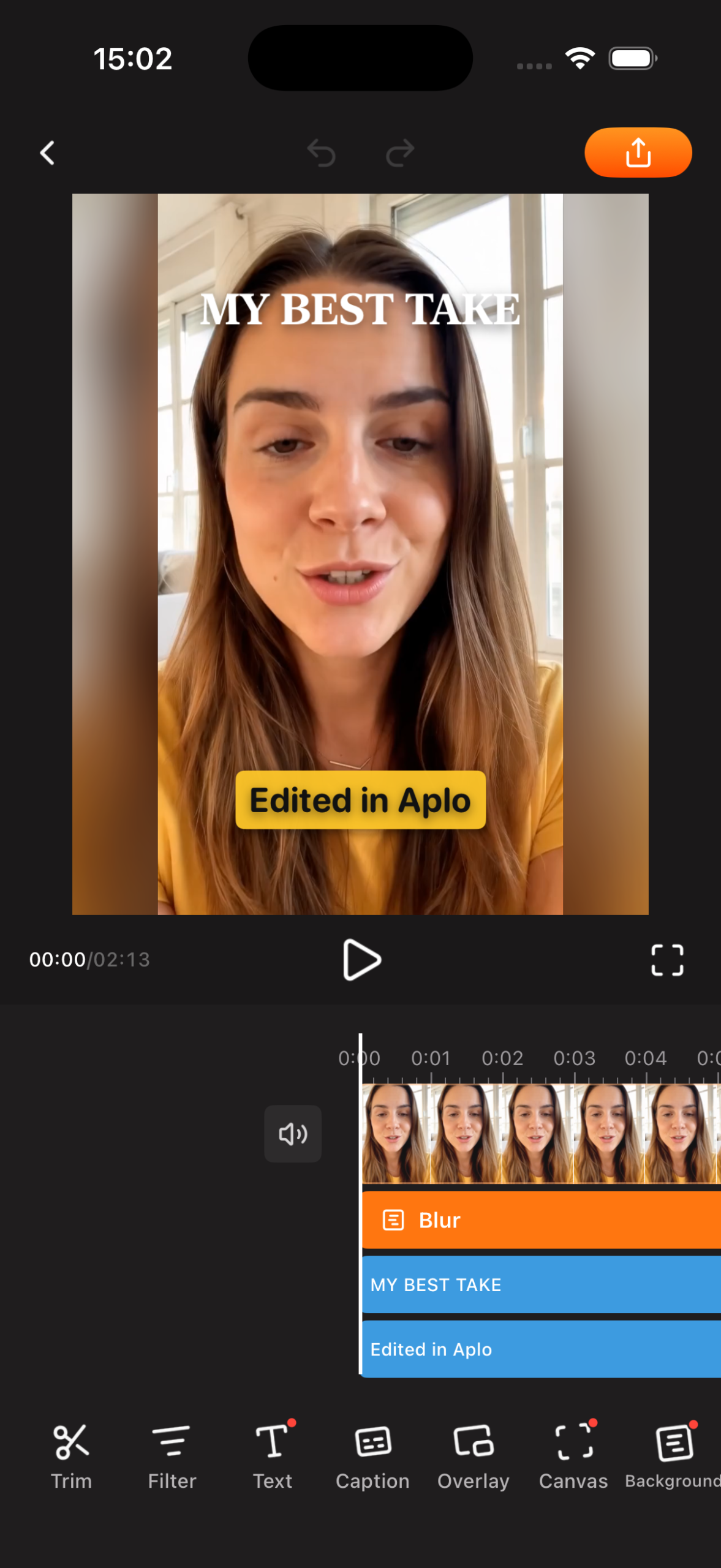 AploCam video editor with a preview, timeline, text layers, and editing tools